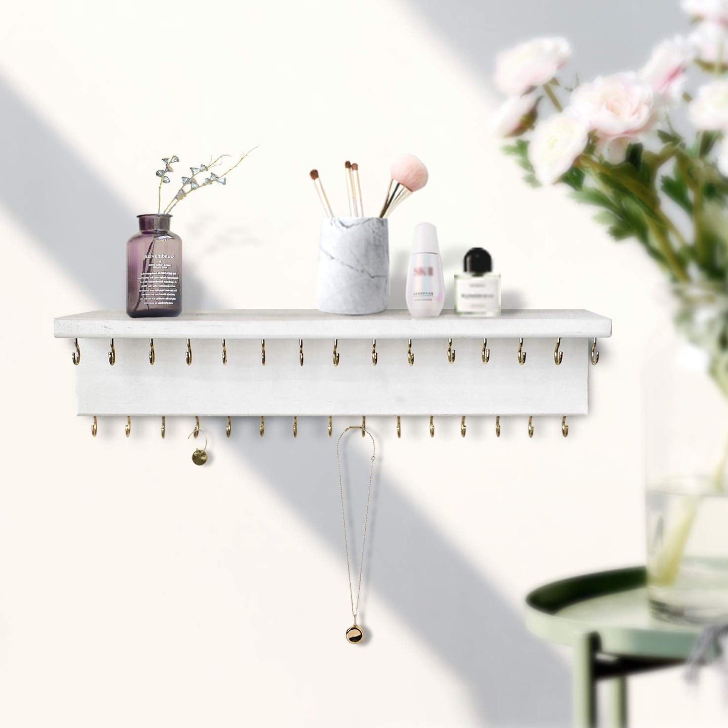SANY DAYO HOME Jewelry Organizer with 30 Hooks and Cosmetics Shelf, 15 x 3 x 4 inches Wall Mounted Rustic Pine Wood Holder for N