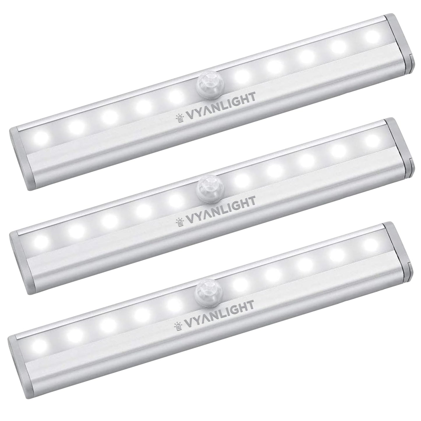 VYANLIGHT Motion Sensor LED Lights, 10 LED Battery Operated, Aluminum, 3 Pack, White, Model VL309