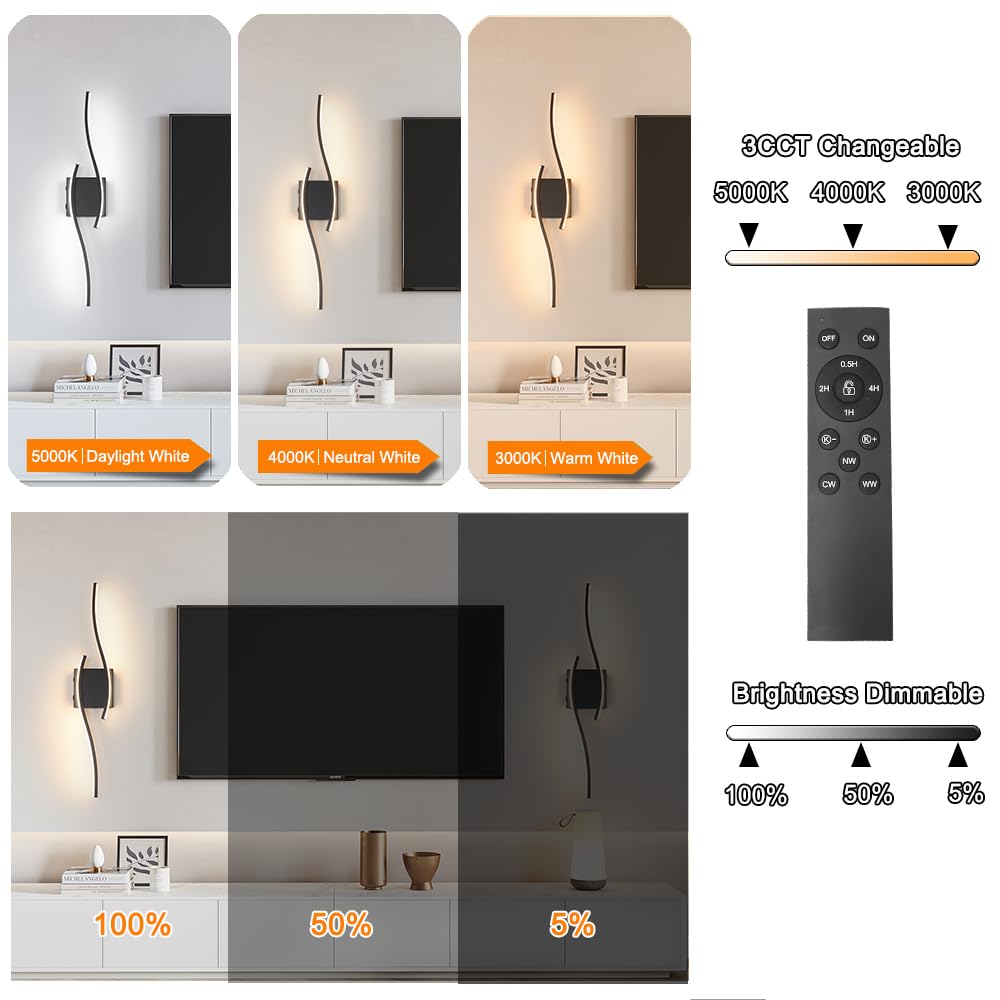 Daunton Modern Battery Operated Wall Sconce Set Of 2  Black Dimmable Led Wall Light With Remote Control  3Cct Adjustable  Timer& Memory Function  Wireless Wall Light For Tv Wall Living Room Bedroom