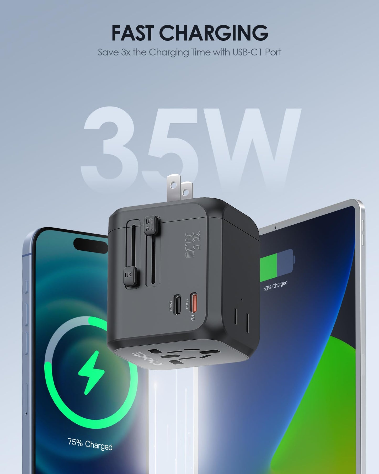 Epicka 35W Universal Travel Adapter With 2 Ac Outlet, European Travel Plug Adapter With Pd Fast Charging, 6-Port (2 Ac/2 Usb-C/3