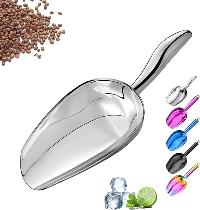 Metal Ice Scoop，Kitchen Ice Scooper for Ice Maker,Stainless Steel Small Ice Scooper for Freezer，Kitchen Gadgets Cookie Flour Pet Dog Food Scoop (Curved handle, 3 OZ)