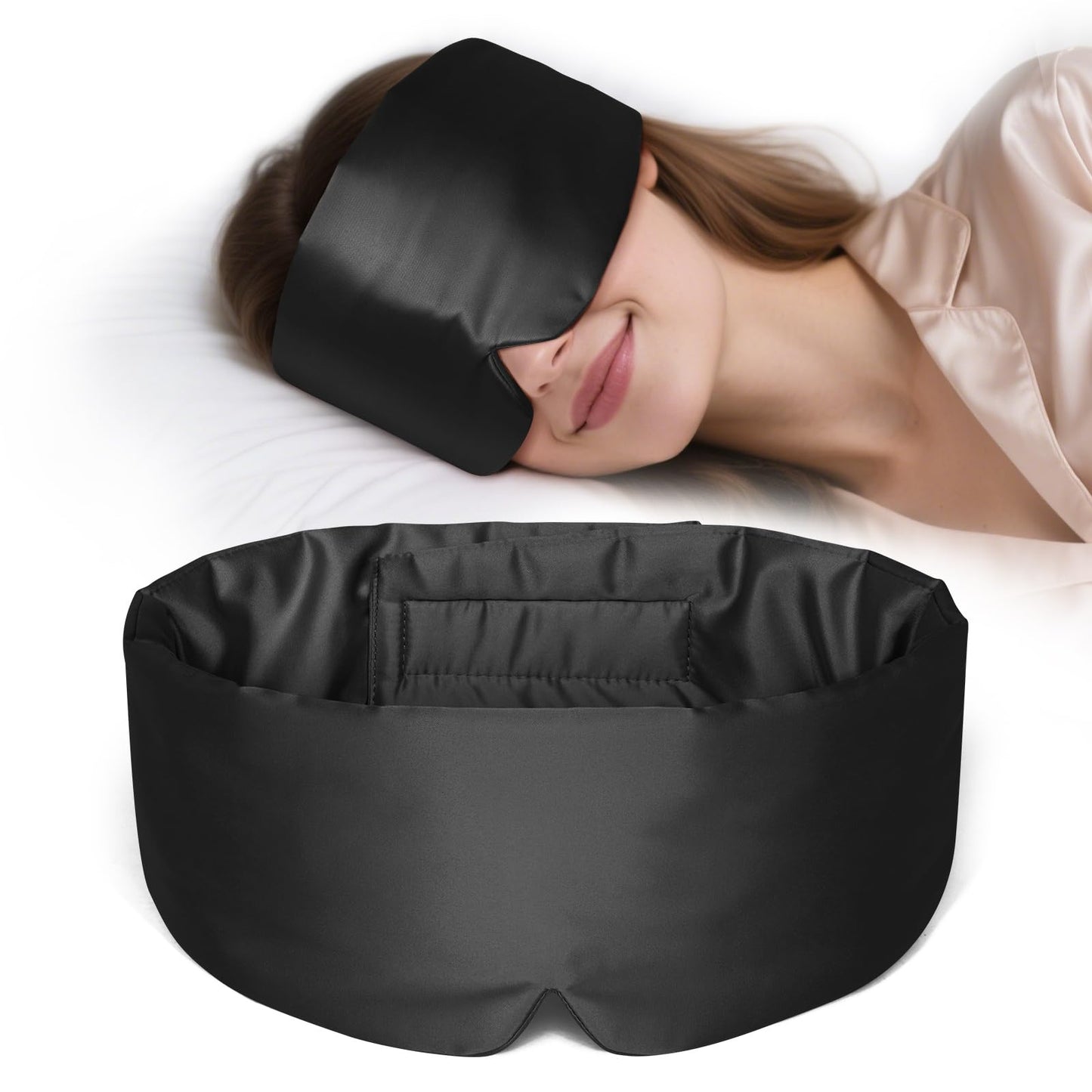 Zenssia Satin Sleep Mask for Women and Men, Lightweight Padded Eye Mask with Adjustable Strap, Comfort Blackout for Travel and Nap - Black
