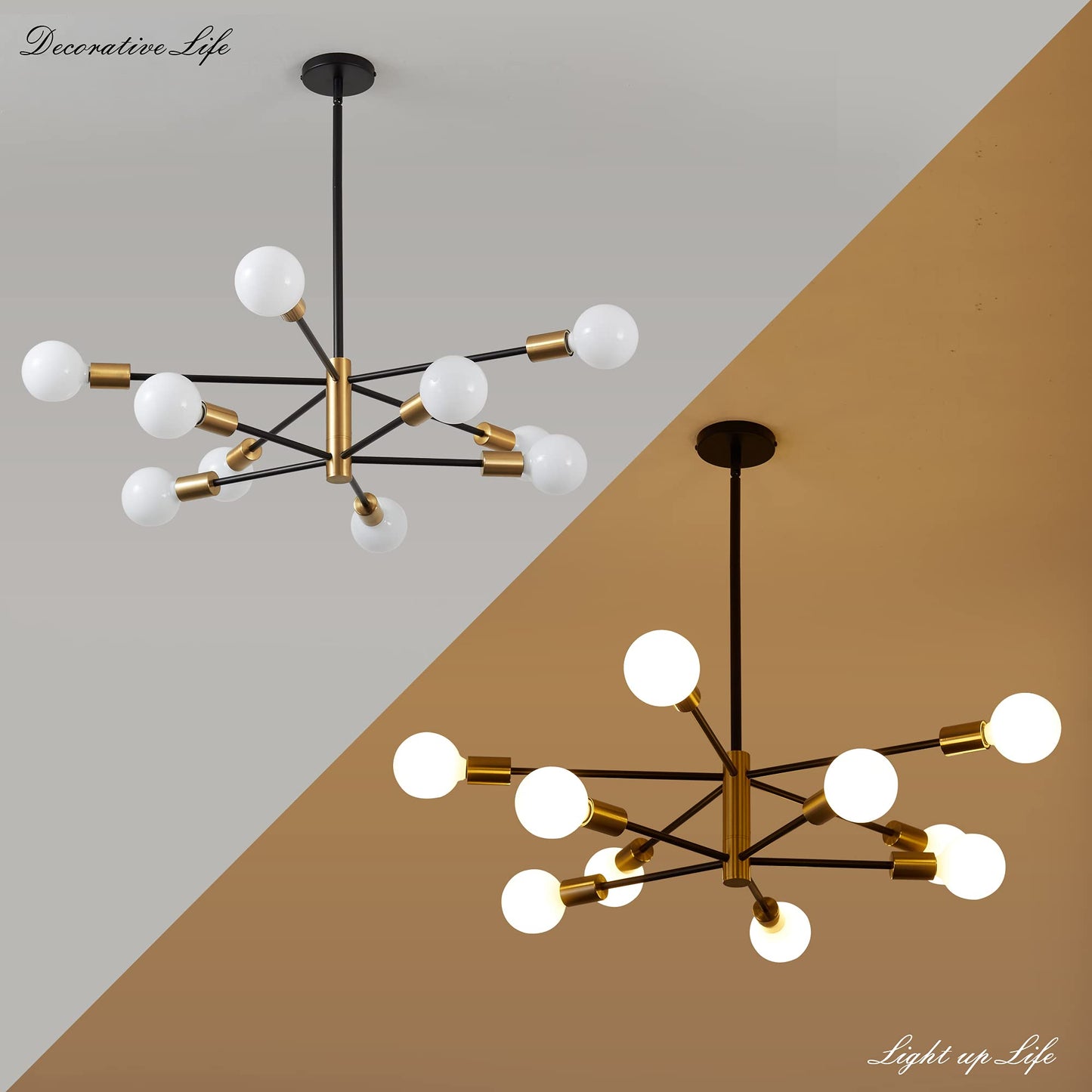 Kaisite Modern 10-Light Sputnik Chandelier - Black & Gold Metal Pendant Lighting For Kitchen, Dining Room, Living Room, Bedroom, Model 8006-10C