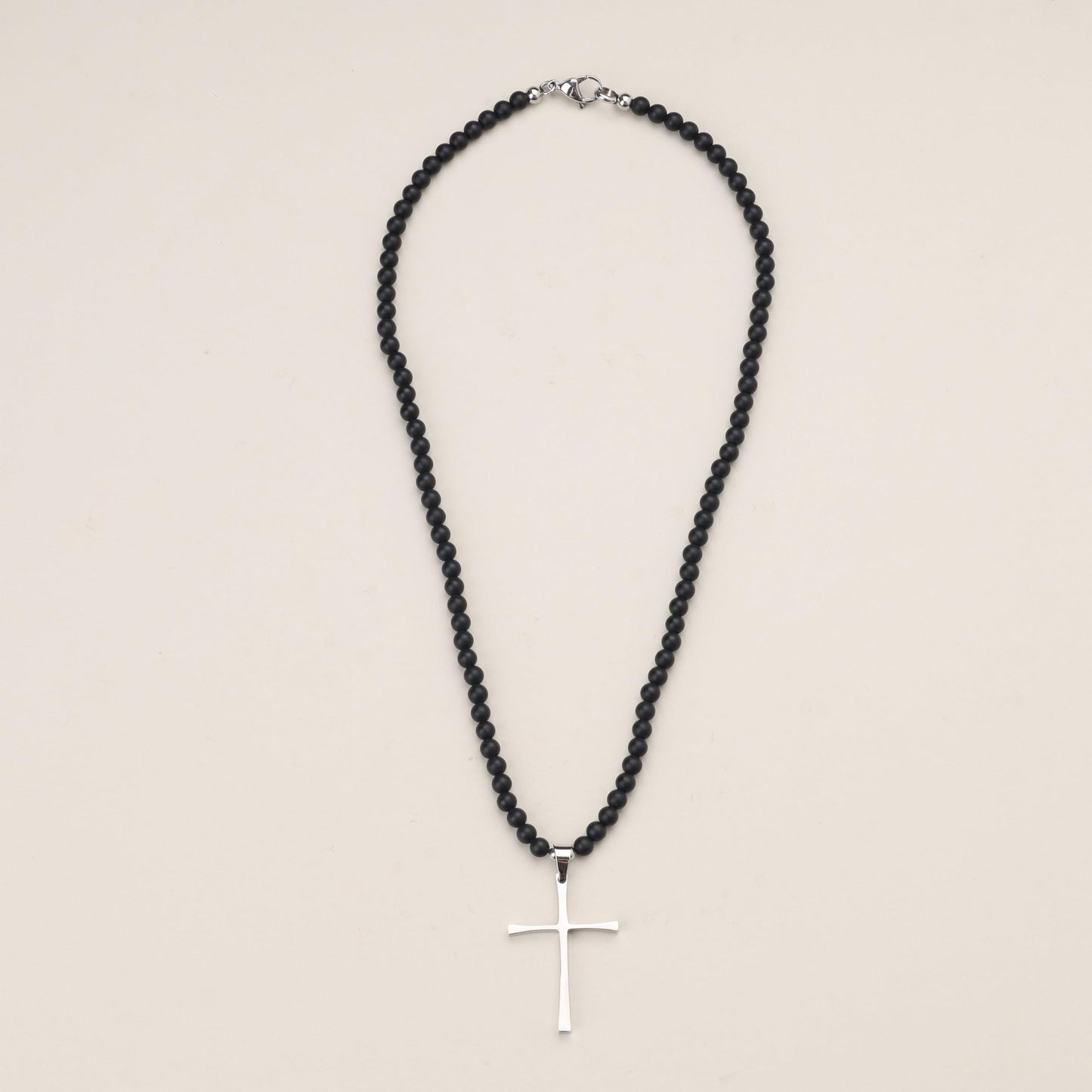 COAI Men's Cross Necklace Black Stone Necklace Onyx Beaded Necklace for Men, Silver Cross Pendant