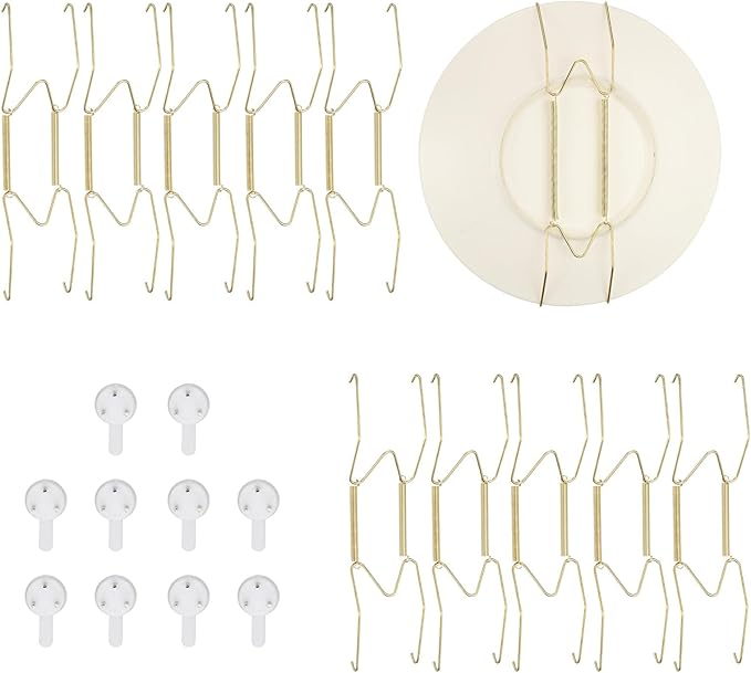 uxcell 10pcs Plate Hanger, 8 Inches Universal Stainless Steel Invisible Plate Hangers for The Wall W-Shaped Holder with Traceless Nail for Decorations, Golden