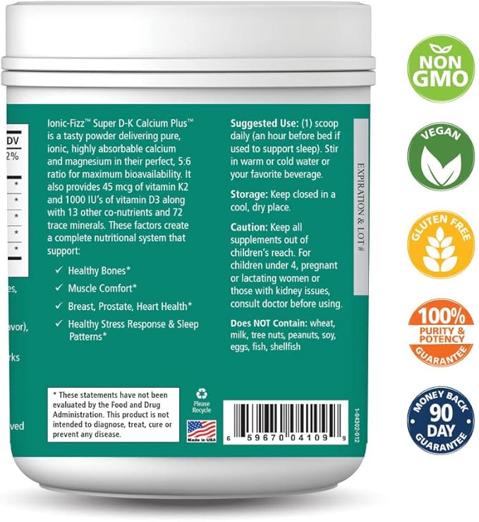 Ionic Fizz Super D-K Calcium Plus by Pure Essence - with Extra Magnesium, Vitamin D3, Vitamin K2 for Strong Bones and Stress Support - Raspberry Lemonade - 14.82oz