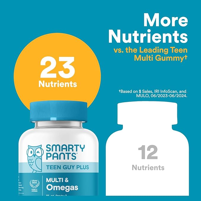 SmartyPants Teen Guy Multivitamin Gummies - Improved Formula: Omega 3 (DHA/EPA), Vitamin D3, C, Vitamin B12, B6, A, K & Zinc, Folate, Gluten Free, Fruit Flavor, 60 Count (30 Day Supply)
