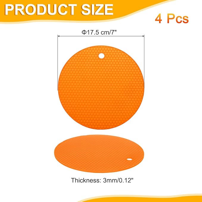uxcell 4pcs Silicone Jar Opener Pads, 17.5cm/7" Texture Can Opener Multipurpose Round Bottle Lid Opener Non-Slip Coasters for Weak Hands Seniors Children, Orange