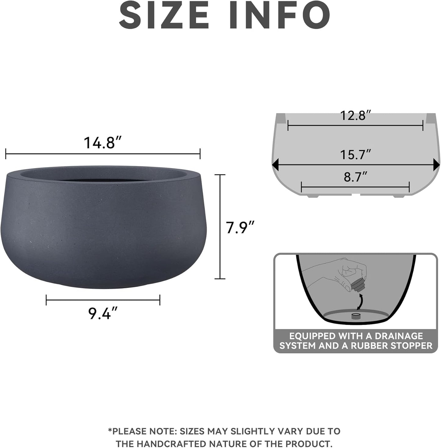 Kante 15.7" Dia Round Concrete Planter, Outdoor Indoor Garden Plant Pots with Drainage Hole and Rubber Plug, Modern Curvaceous Design, Charcoal