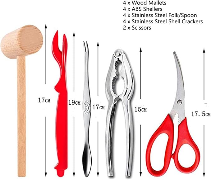 19-Piece Stainless Steel Crab & Lobster Tool Set - Professional Shellfish Crackers with Mallets, Forks, Scissors & Storage Pouch - Seafood Shelling Kit for Home & Restaurants