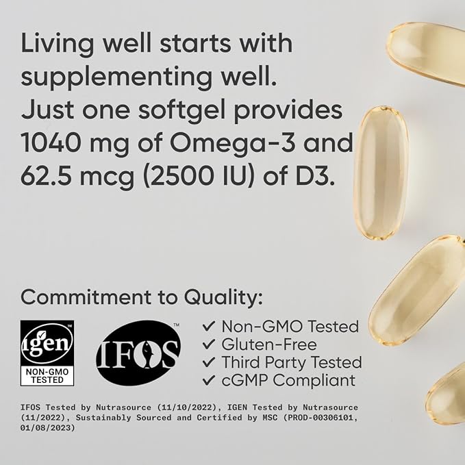 Sports Research® Alaskan Omega-3 Fish Oil 1040mg + Vitamin D3 2500iu - Supports Brain & Heart Health - MSC Certified Sustainable · Wild-Caught · Non-GMO · Triglyceride Form - 120 Count Softgels