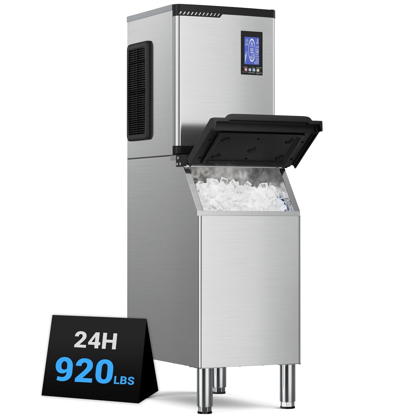 Commercial Ice Machine 920LBS/24H,Storage 550LBS,Large Industrial Ice Maker,Ice Ready in 5-15min,with Self-Cleaning Mode,with Timing Function,30 Levels of Ice Thickness Adjustment,Stainless Steel