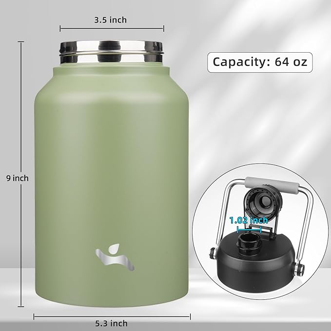 Half Gallon Jug with Handle,64 oz Insulated Water Bottle with Carrying Pouch,Double Wall Vacuum Stainless Steel Metal Bottle,Camp Green