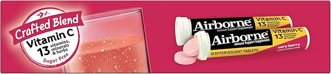 Vitamin C 1000mg (per serving) - Airborne Very Berry Effervescent Tablets (36 count in a box), Gluten-Free Immune Support Supplement, With Vitamins A C E, ZINC, Selenium, Echinacea & Ginger
