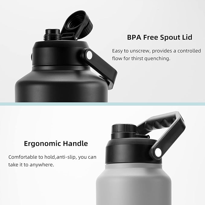 BJPKPK One Gallon(128 oz) Insulated Water Bottle, Dishwasher Safe Stainless Steel Jug, BPA Free Jug with Ergonomic Handle & Anti-slip Bottom, Large Water Bottle, Grey