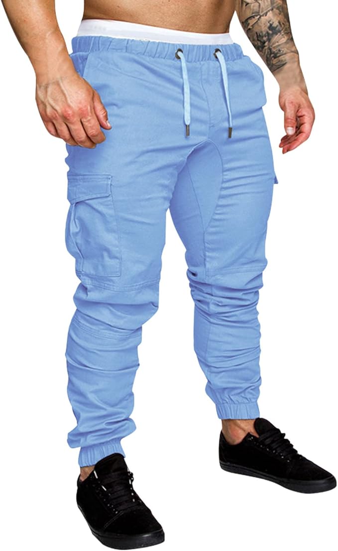 Mens Casual Pants Trendy Outdoor Hiking Athletic Cotton Cargo Pants Solid Color Drawstring Elastic Waisted Jogging Sweatpants