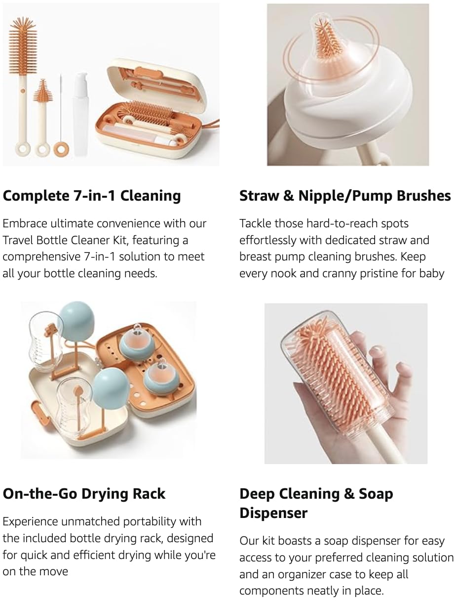 Travel Bottle Cleaner kit, 7in1 Baby Toddler Travel Essential Silicone Bottle Brush Set, Nipple, Drying Rack, Straw, & Breast Pump Cleaning, Soap Dispenser & Organizer Case, Gift for Mom (White)
