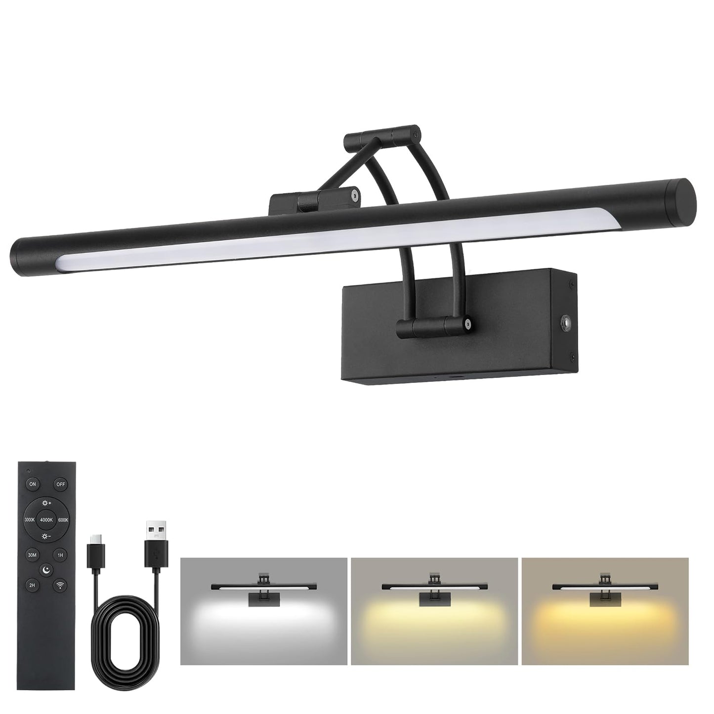16 Black Wireless Picture Lights For Wall  Battery Operated Picture Light With Remote Timer  Rechargeable Art Lighting For discomfort-reducingtings 3000K/4000K/6000K Dimmable Frame Photo Dartboard Gallery Light