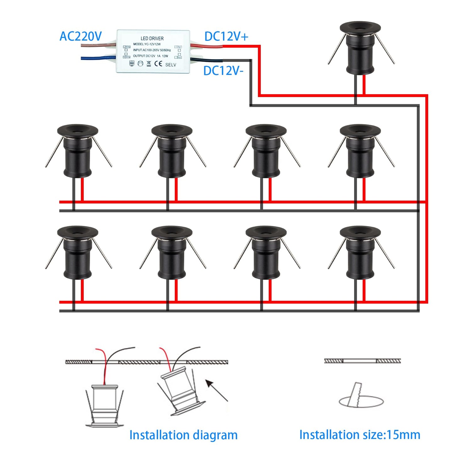 Hhtun 902 Led Mini Spotlight Dc12V 1W Suitable For Bookcases Cabinets And Various Display Cabinets As Decorative Lights Embedded Installation Soft Lighting With Power Supply (3000K Black 9Pack)