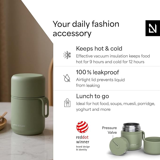 LARS NYSØM Stainless Steel Vacuum Insulated Food Jar - Leakproof Lunch Pot & Lunch Jar for Hot and Cold Food, Wide Mouth, Portable Soup Container for Work & Travel (Sage Green, 12oz)