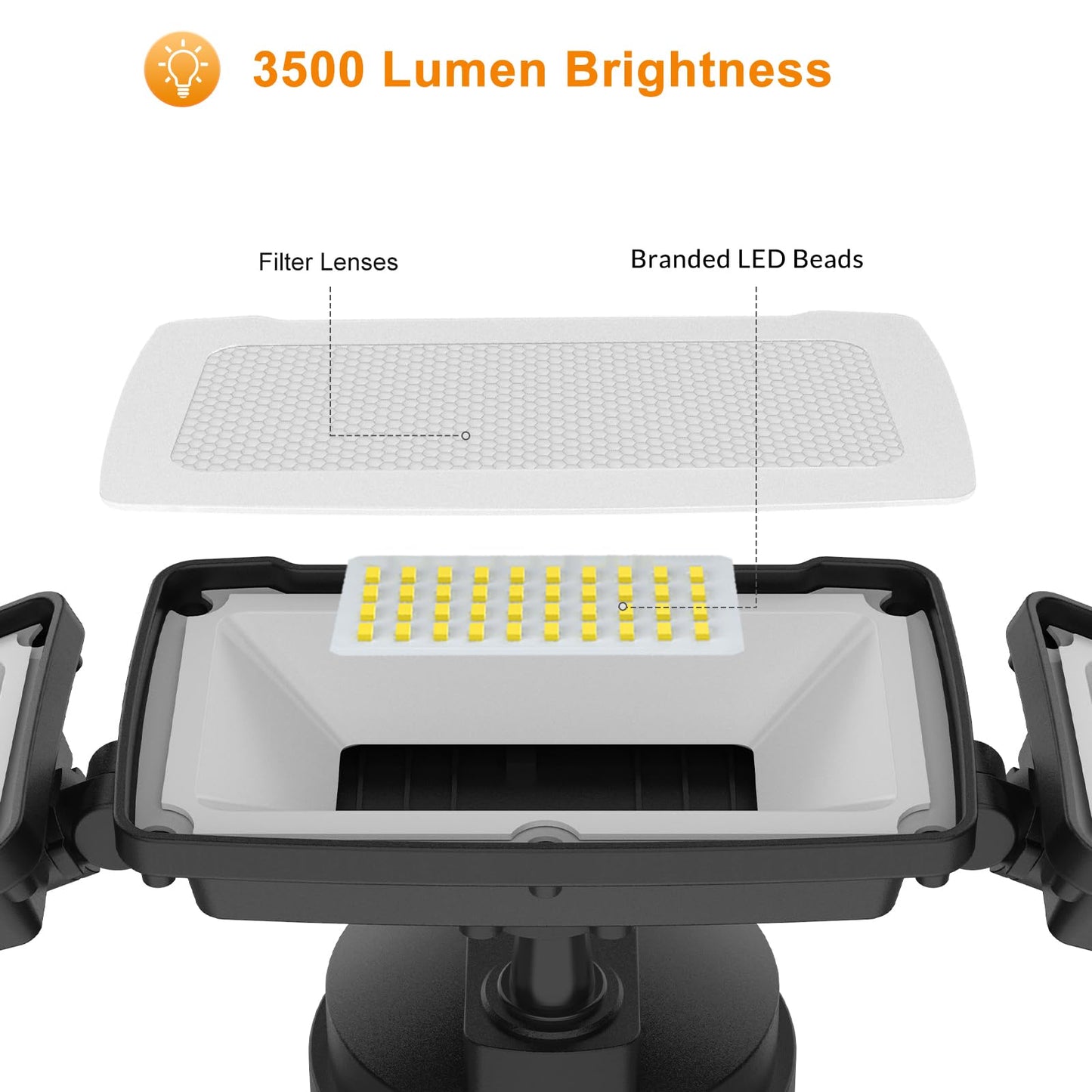 Lepower 3500Lm Dusk To Dawn Led Security Light, 35W, 3 Heads, Ip65 Waterproof, Black, Model Yy02B-Bl