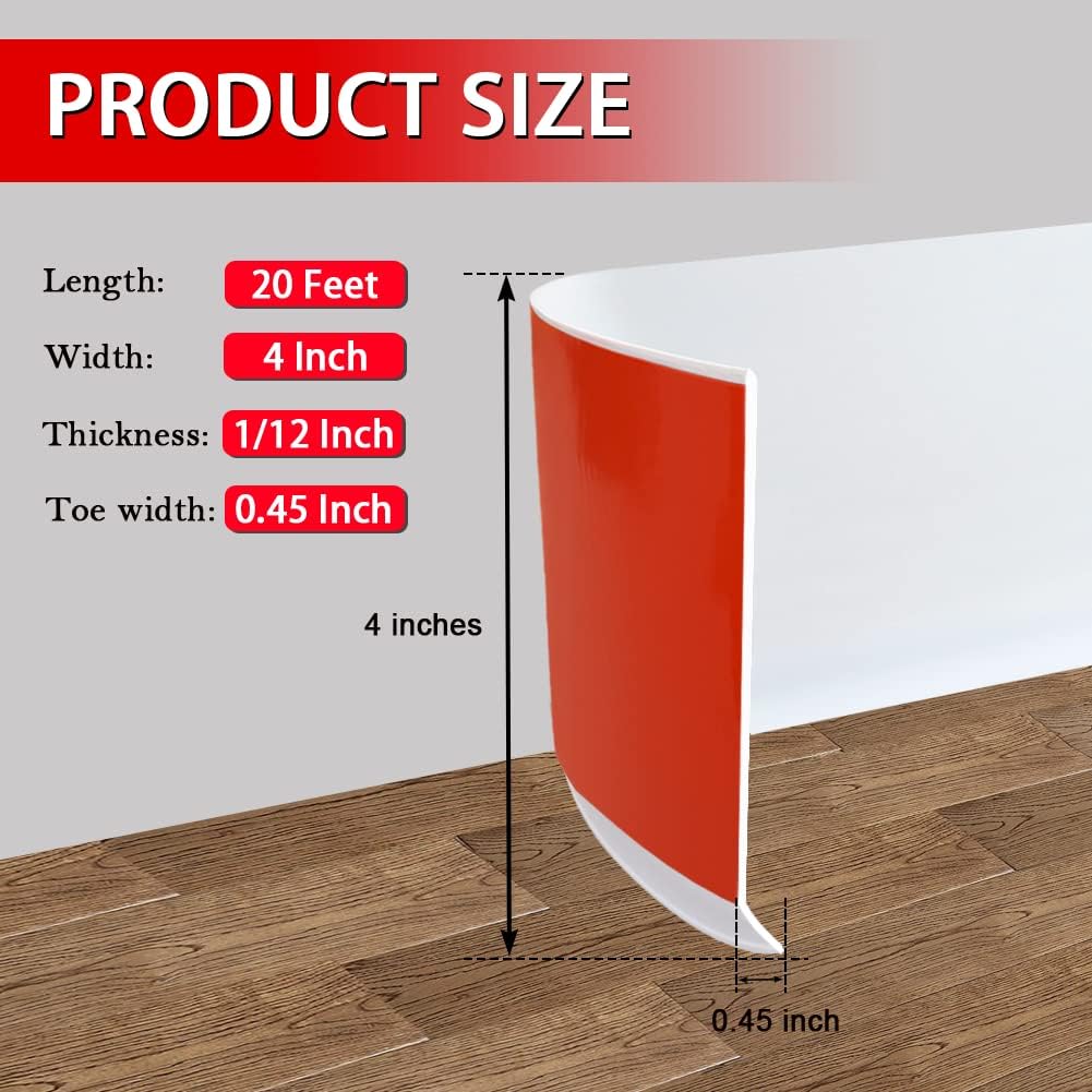 Vinyl Wall Base Baseboard Molding Trim 4" Flexible Self Adhesive Rubber Wall Base Moulding Trim Peel and Stick Design, 4 Inch x 20 Feet, White