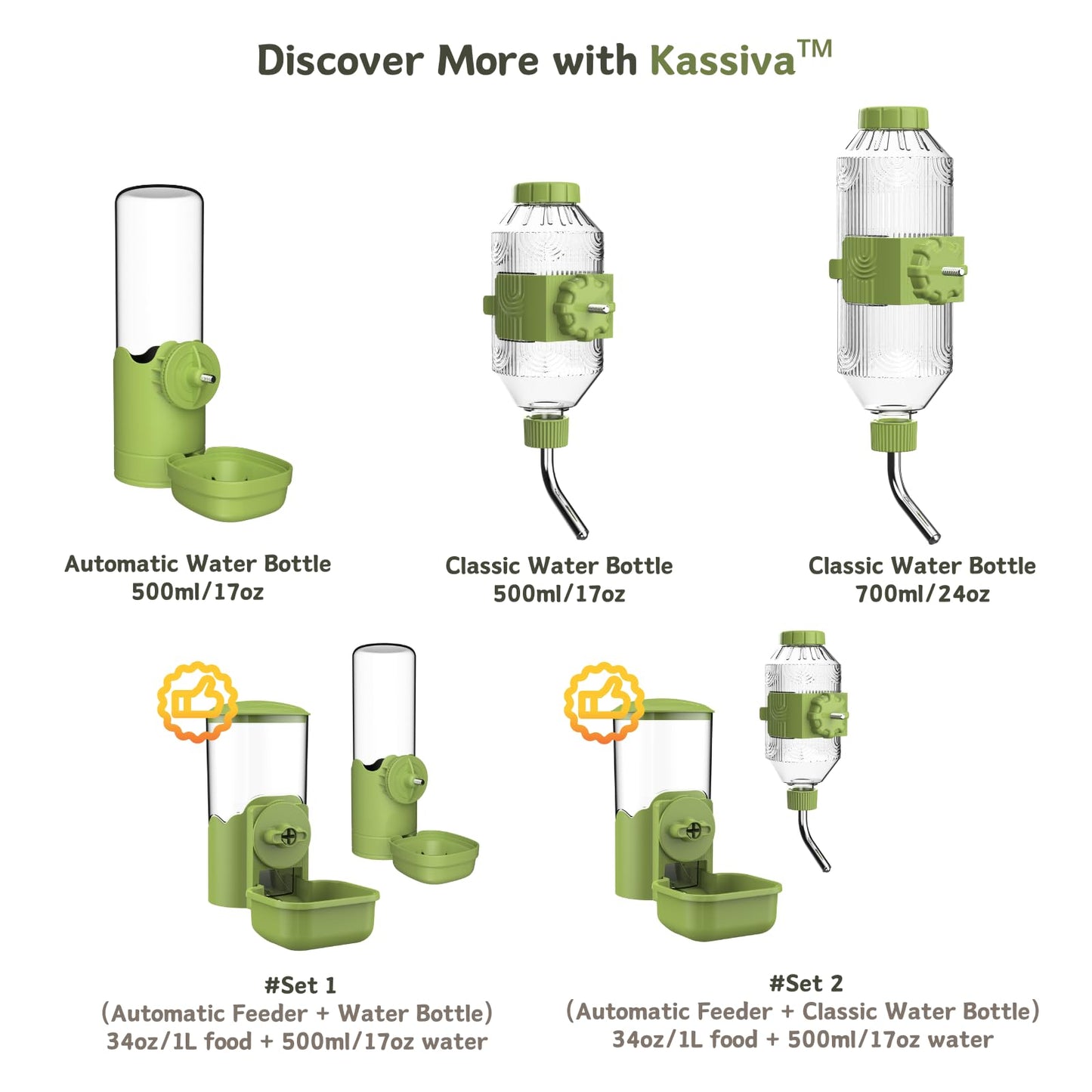 Automatic Pet Food Water Dispenser, Auto Gravity Pet Feeder Water Bottle Set for Cage, Feeding Station for Puppy Kitten Rabbit Guinea Pigs Chinchilla Ferret Hedgehog (Green)