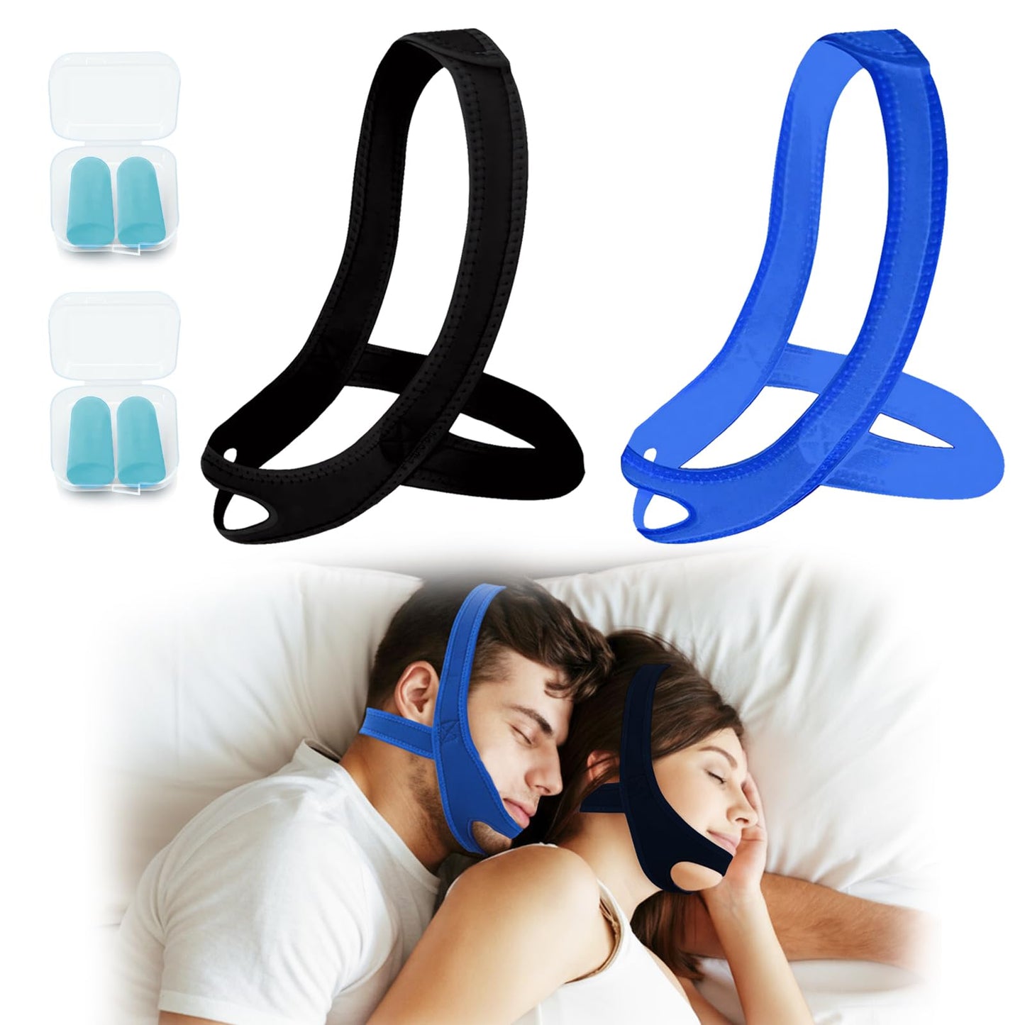 2 Pcs Chin Strap for Sleeping,Adjustable Anti Snoring Chin Strap to Keep Mouth Closed,Jaw Strap for Sleep for Men Women,with Two Pairs of Earplugs,Stops Snoring & Dry Mouth