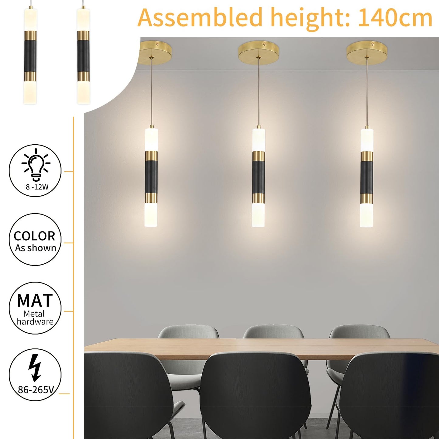Modern Kitchen Island Pendant Light Fixtures  Black And Gold Led Ceiling Hanging Lights  3 Color 2700K/4500K/6500K  Over Table Mini Linear Acrylic Pendant Lighting For Dining Room  Bedside  Bar