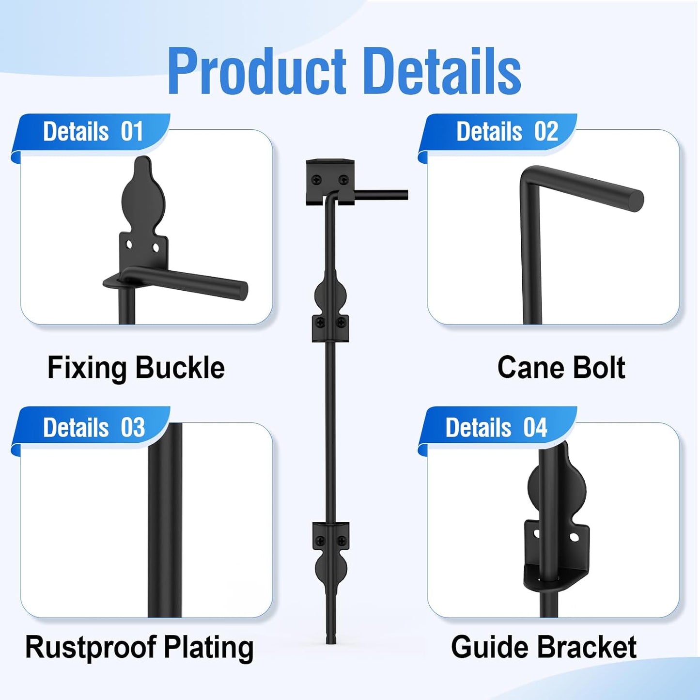 24" Cane Bolt Heavy-Duty Drop Rod for Gate, Heavy Duty Gate Latch for Wooden Fence Metal Gates, Vinyl Fence Gate Land Latch, Floor Latch for Fixing Door to The Ground, Black Coating, 2 Pack
