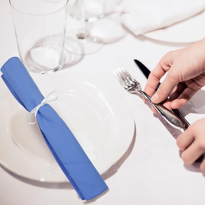 12 Pcs Blue Silverware Organizer,Silver Storage Cloth Felt Flatware Organizer, Silver Protector Bags, Place Setting Roll with Stylish White Ribbon for All Kitchen Cutlery Utensil