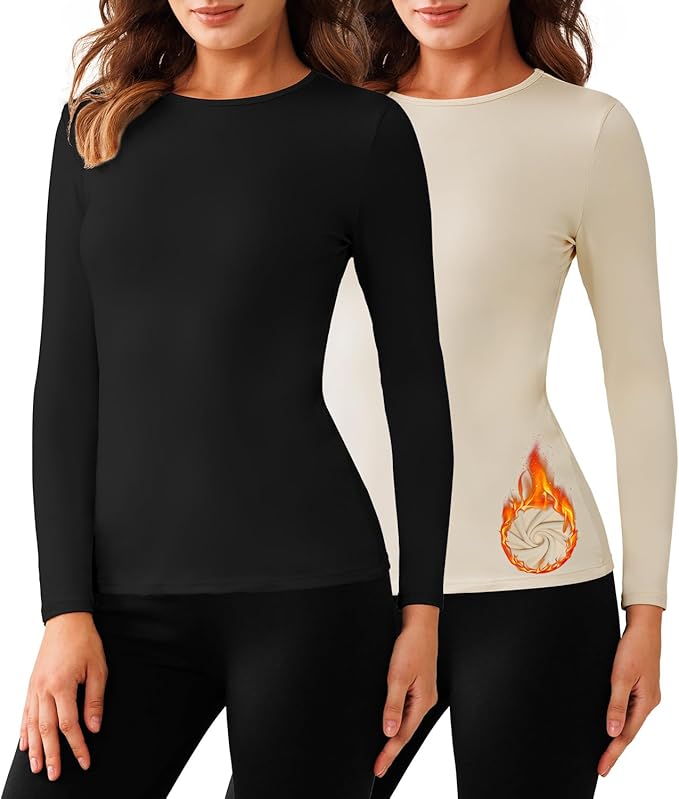 Bonneuitbebe Women's 2 Pack Long Sleeve Thermal Shirts Soft Crewneck Undershirt Tops Lightweight Base Layer Cold Weather