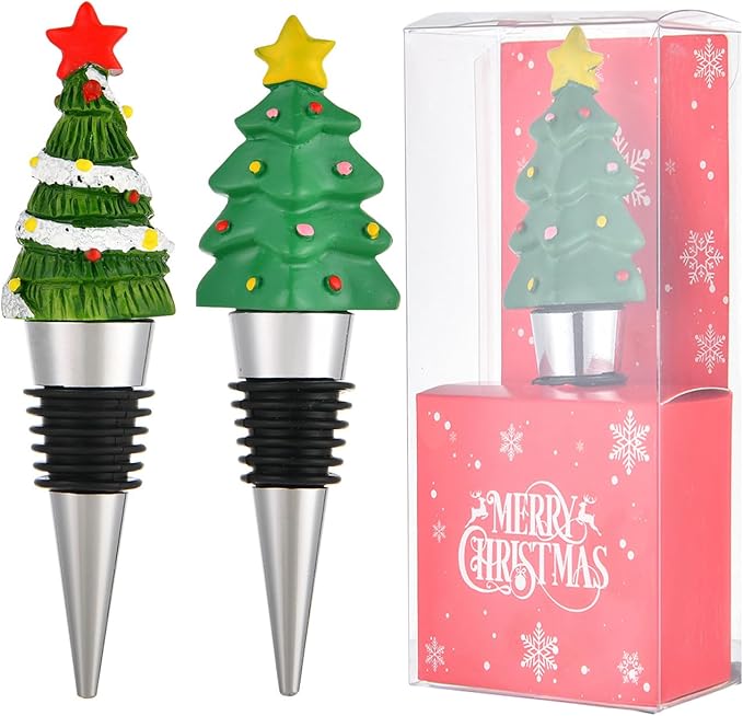 2 Pack Christmas Tree Wine Bottle Stoppers Reusable Bottle Stoppers Cute Wine and Beverage Corker Bottle Sealers for Xmas Holiday Party Decoration, Resin Decorative Wine Stoppers Wine Gift for Hostess