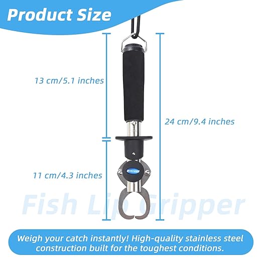 Fish Gripper with Scale – 33 lb Stainless Steel Fish Lip Gripper, EVA No-Slip Handle, Quick-Release Fish Lip Clamp, Adjustable Wrist Lanyard for Kayak, Boat & Bank Fishing