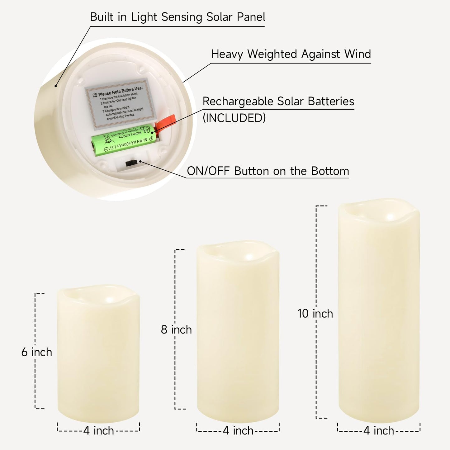 NURADA Large Outdoor Solar Candles Waterproof - 6" 8" 10" x 4" Rechargeable Solar Powered Flameless LED Pillar Flickering Candle for Patio Porch Lanterns Decor - Ivory White Set of 3