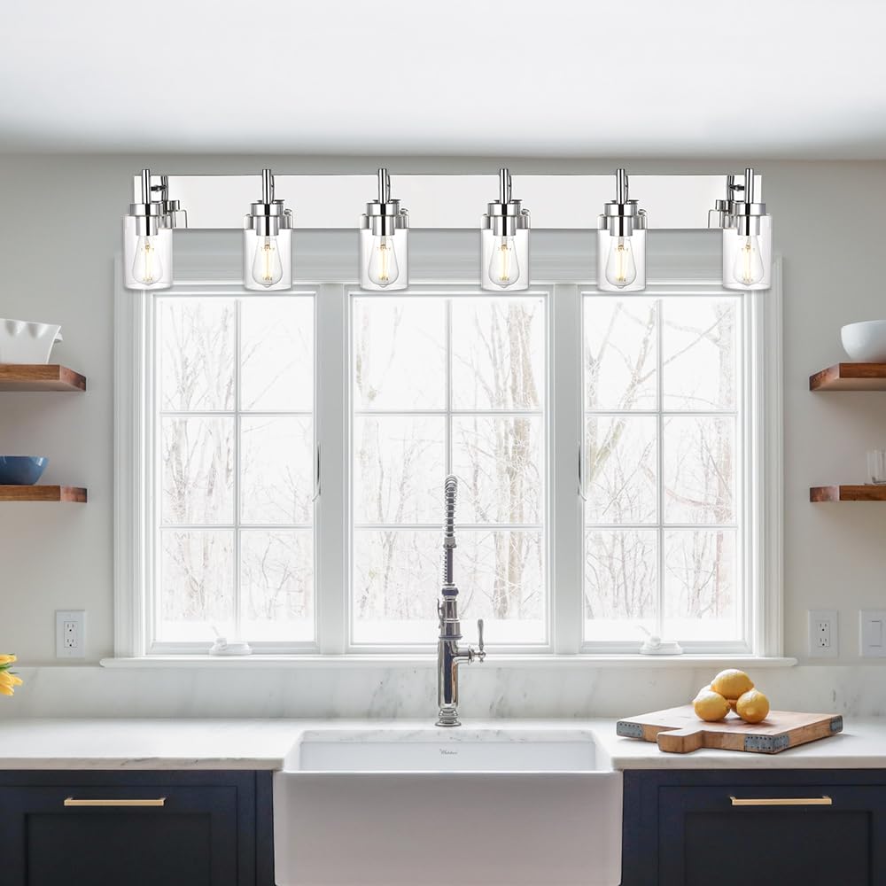 VINLUZ Bathroom Vanity Light Chrome Finished 6 Light Vintage Wall Sconces Model 1810-6W-18 with Clear Glass Shade