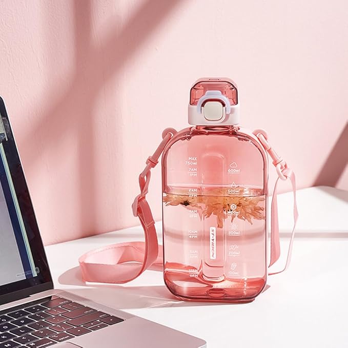750ML Square Transparent Water Bottle, Cute Sports Water Jug with Adjustable Strap, Portable Motivational Water Bolttles for Travel, Hiking and Outdoor Workouts