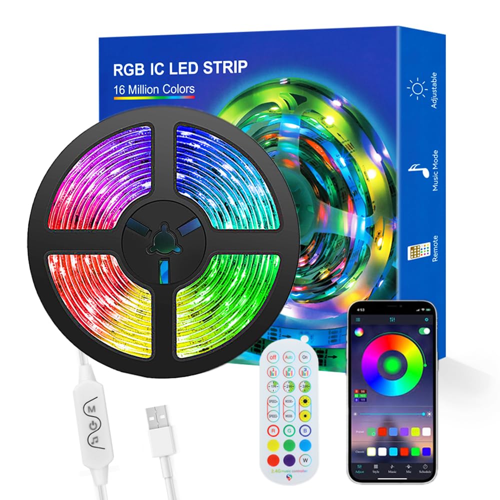 ADRESUNO WS2812b LED Strip - 16.4FT, 150 LEDs, White PCB IP65, Bluetooth APP, Music Sync, Remote Control
