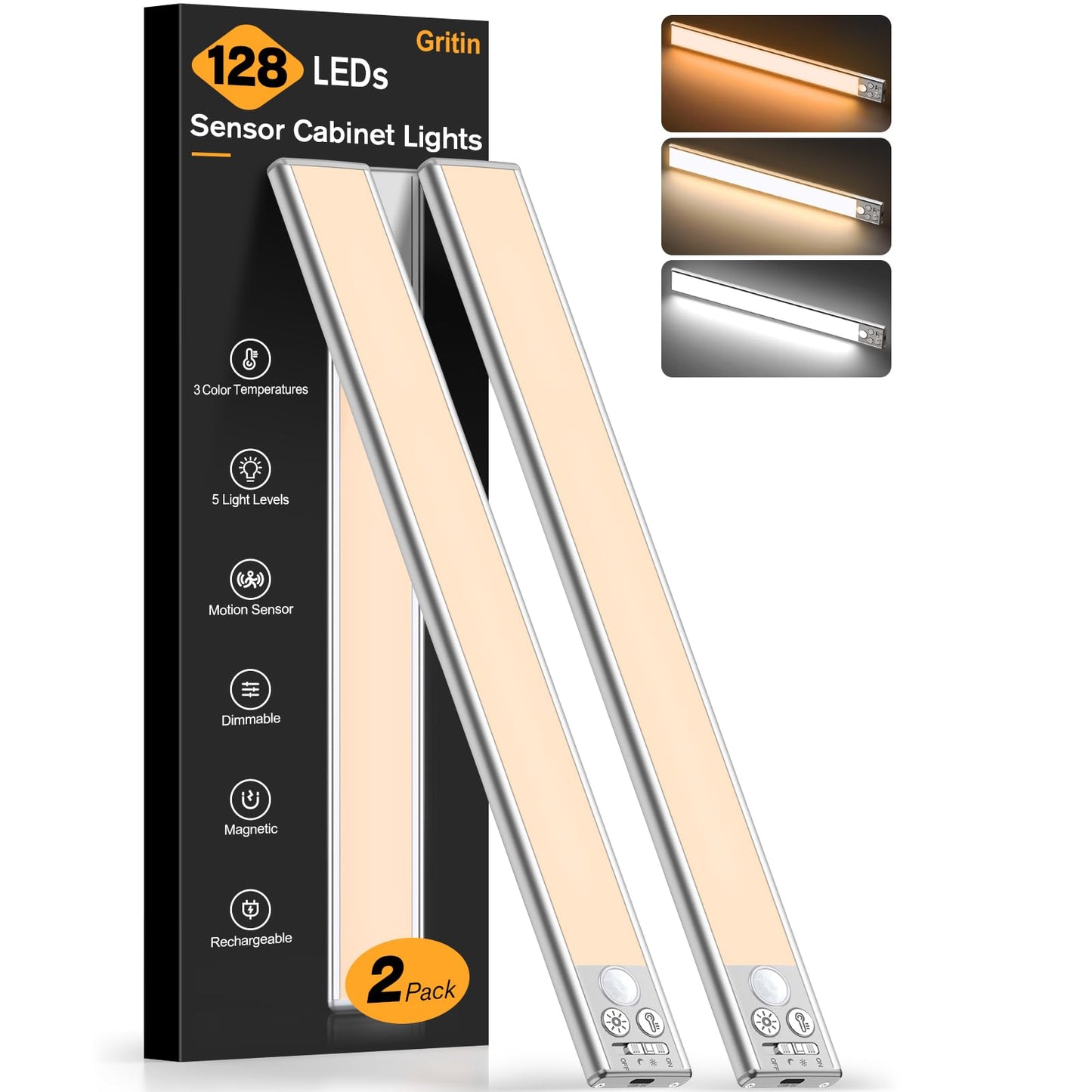 Gritin Under Cabinet Lighting - 128 LED, 3-Color, 5 Brightness Levels, Motion Sensor, 14.7 inch, Silver, 2 Pack, Model G1358
