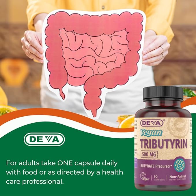 DEVA Vegan Tributyrin Supplement - Butyrate Precursor, Gut Barrier Support, Butyric Acid, 500 MG Vegan Capsules, Leaky Gut Support, Digestion, 90 Count (Pack of 2)