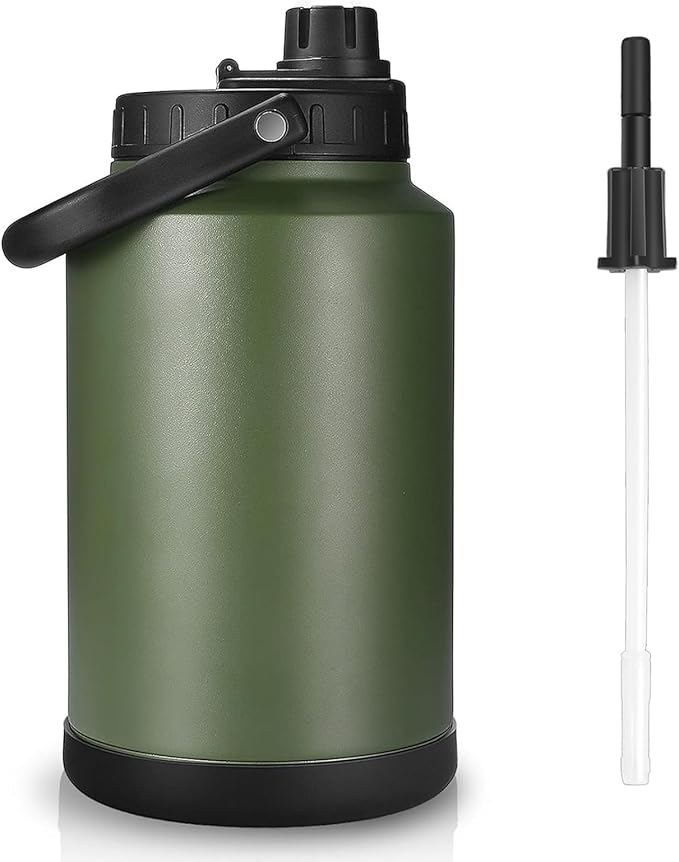 Sursip 1 Gallon Insulated Water Jug wtih Straw, Stainless Steel Large Sports one Gallon Water Bottle for Travel, Hiking, Camping 128 oz (Amry Green)