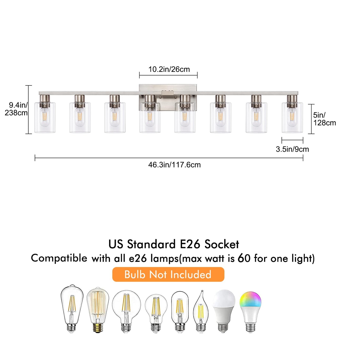 Hdasic 8 Light Bathroom Vanity Light  Large Brushed Nickel Vanity Lights Fixtures  Bathroom Lighting Fixture Over Mirror With Clear Glass Shade For Mirror  Bedroom  Living Room  Wall Lamp