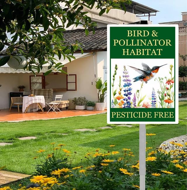 Bird and Pollinator Habitat Pesticide Free Yard Sign With Stakes 8X12 inches Rustproof Reflective Aluminum Pollinator Friendly Garden Sign Stand Hummingbird Outdoor Decor