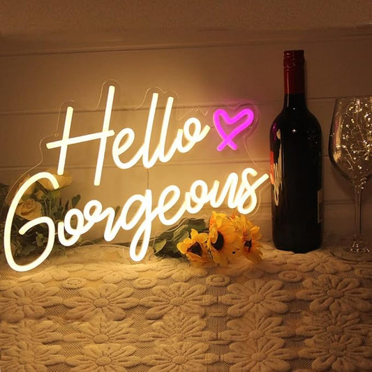 DAKABUKA Hello Gorgeous Neon Sign Hello Beautiful Warm White LED Neon Lights for Home Wedding Birthday Backdrop Bacelorett...