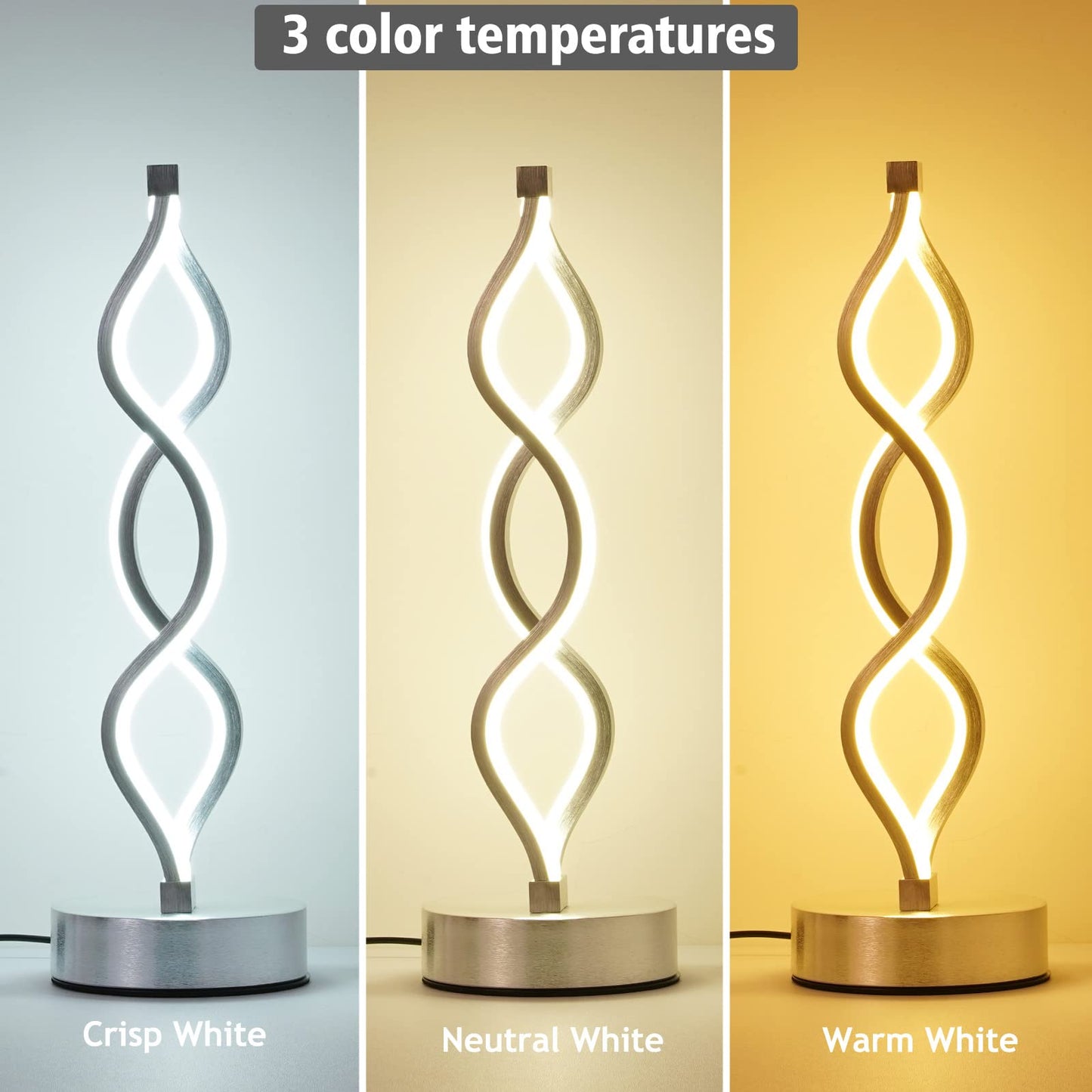 NUÜR Infinity Spiral LED Table Lamp, Dimmable, 15.8 Inch, Silver, Touch Controller, 3 Colour Temperatures, Decorative for Home