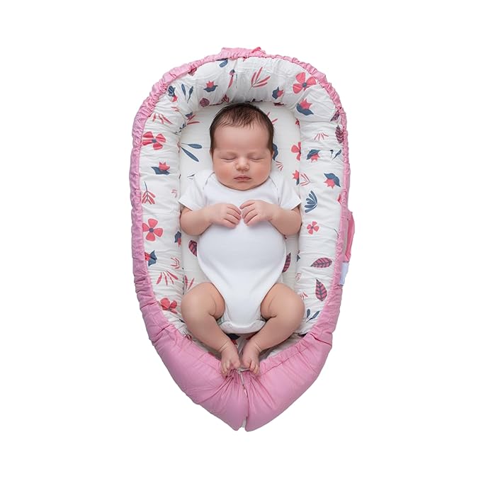 TKC Baby Lounger 0-24 Months | Adjustable Infant Lounger | Breathable Organic Cotton Cover | Reversible Floral Pattern | Includes Matching Swaddle Blanket | Portable Baby Nest