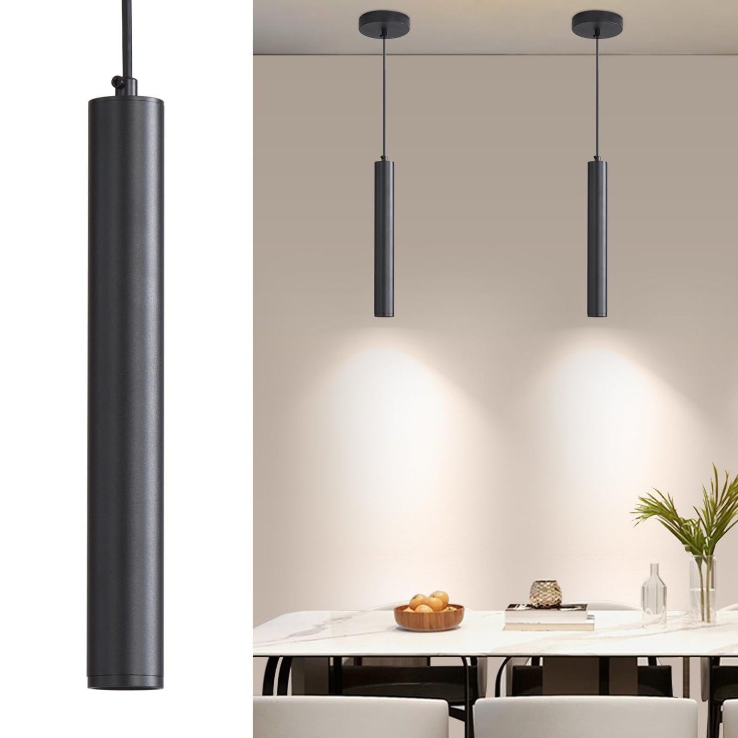 Daoseolo 2 Pack Mini Kitchen Island Pendant Light  Led Minimalist Ceiling Hanging Light  3 Color 3000K/4500K/6500K  Adjustable Height  Black Modern Linear Lamp Lighting For Dining Room  Bedroom  Bar