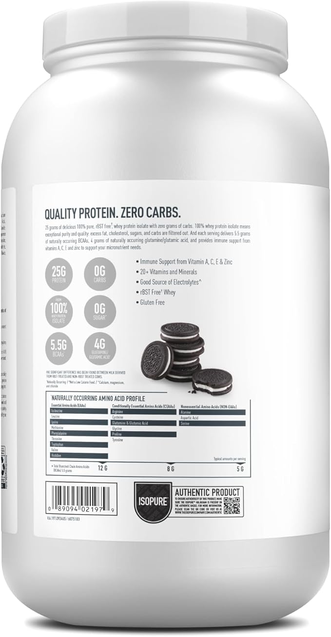 Isopure Zero Carb 100% Pure Whey Isolate Protein Powder, Lactose Free, Gluten Free, With Vitamins, Cookies & Cream, 25g Protein Per Serving, 3 Lbs, 44 Servings (Packaging May Vary)