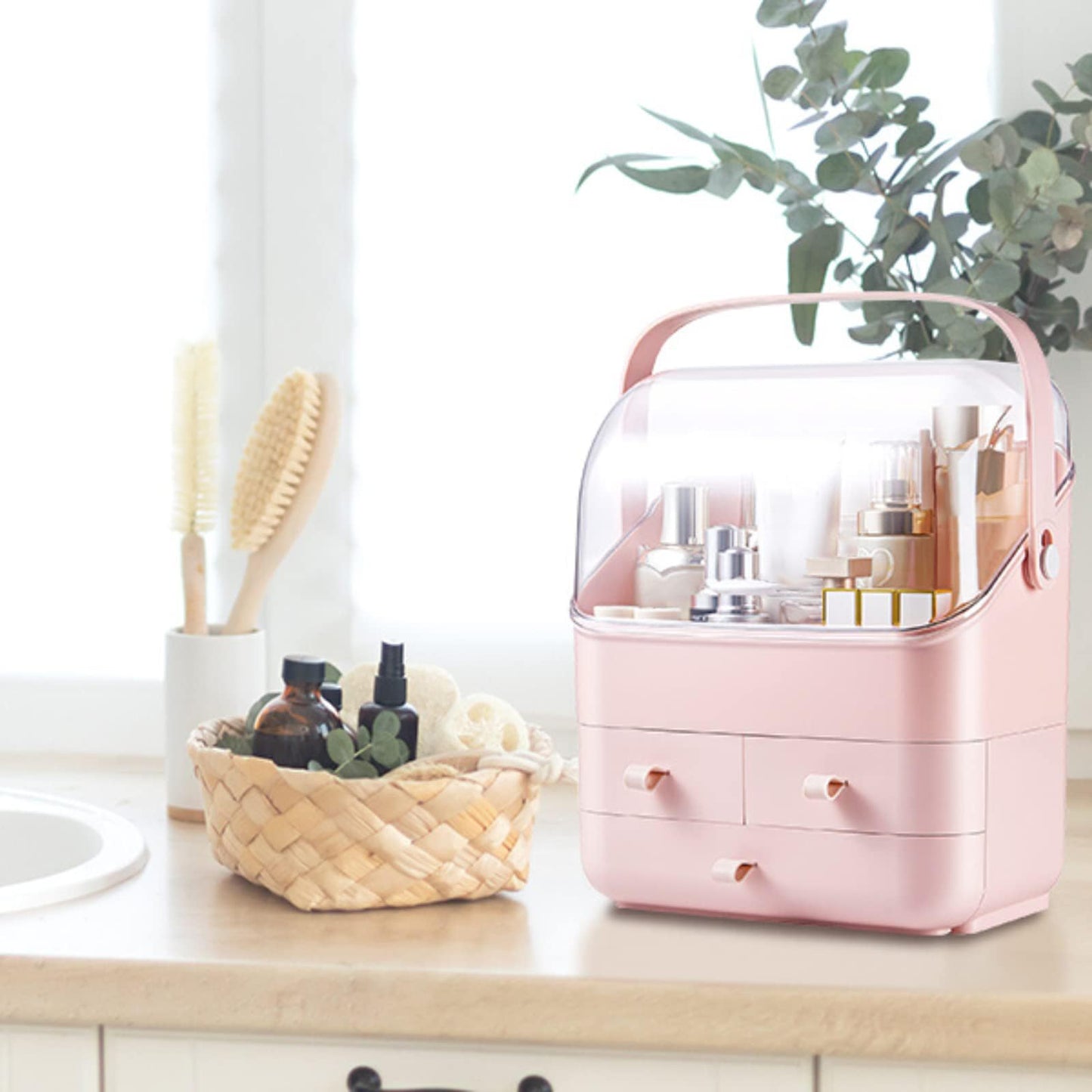 LINFIDITE Cosmetic Storage Box with Lid Waterproof&Dustproof Makeup Organizer Box Portable Handle,Large Makeup Display Case with