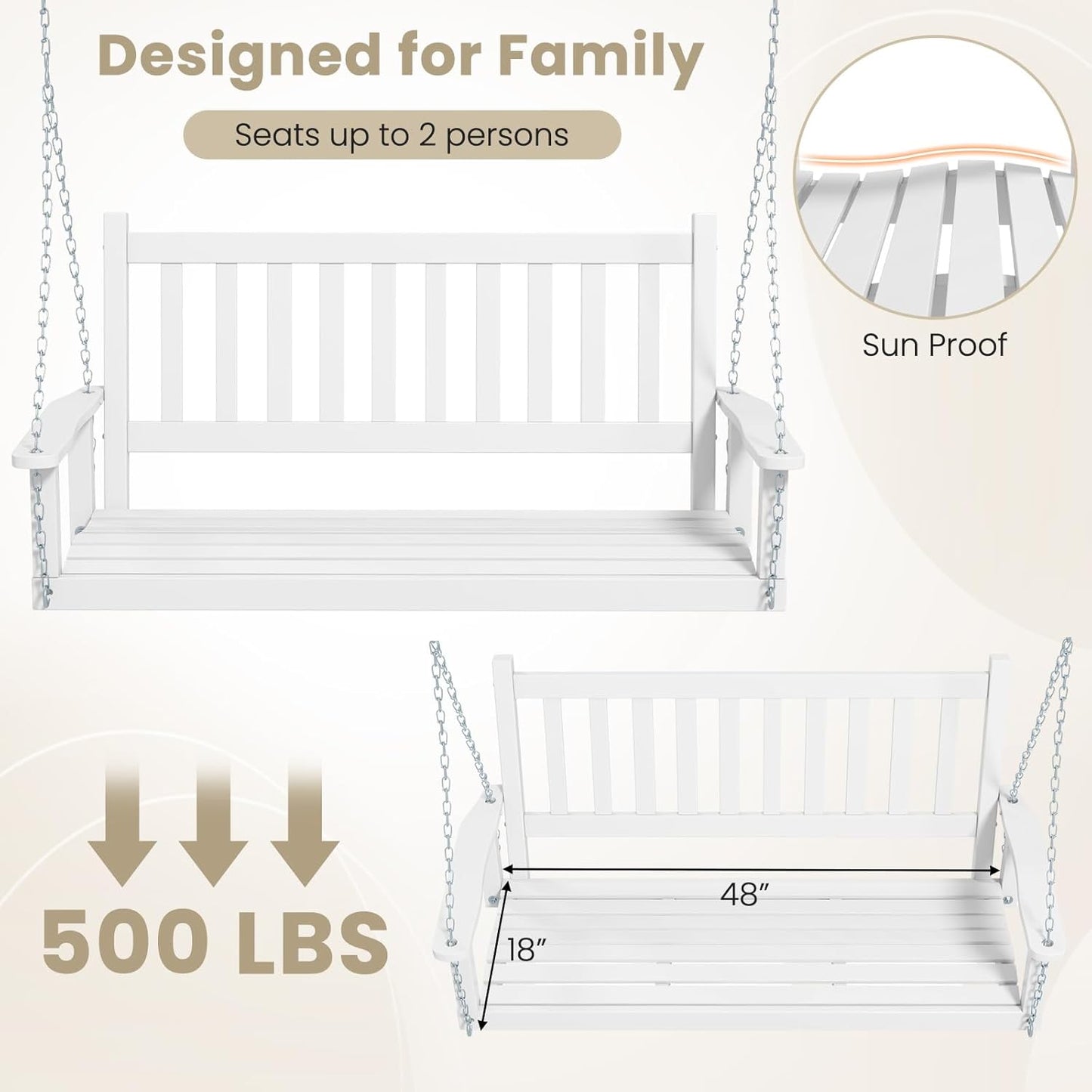 HAPPYGRILL Wooden Outdoor Porch Swing for 2, Patio Hanging Bench Chair with 500 LBS Weight Capacity, 5.6 FT Adjustable Upper Chains, Slatted Back, Swing Bench for Garden, Backyard